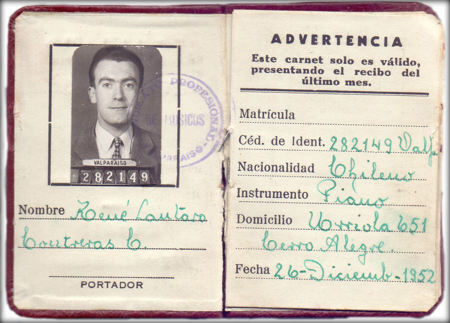 Carnet Profesional – Sindicato Profesional de Músicos de Valparaíso
