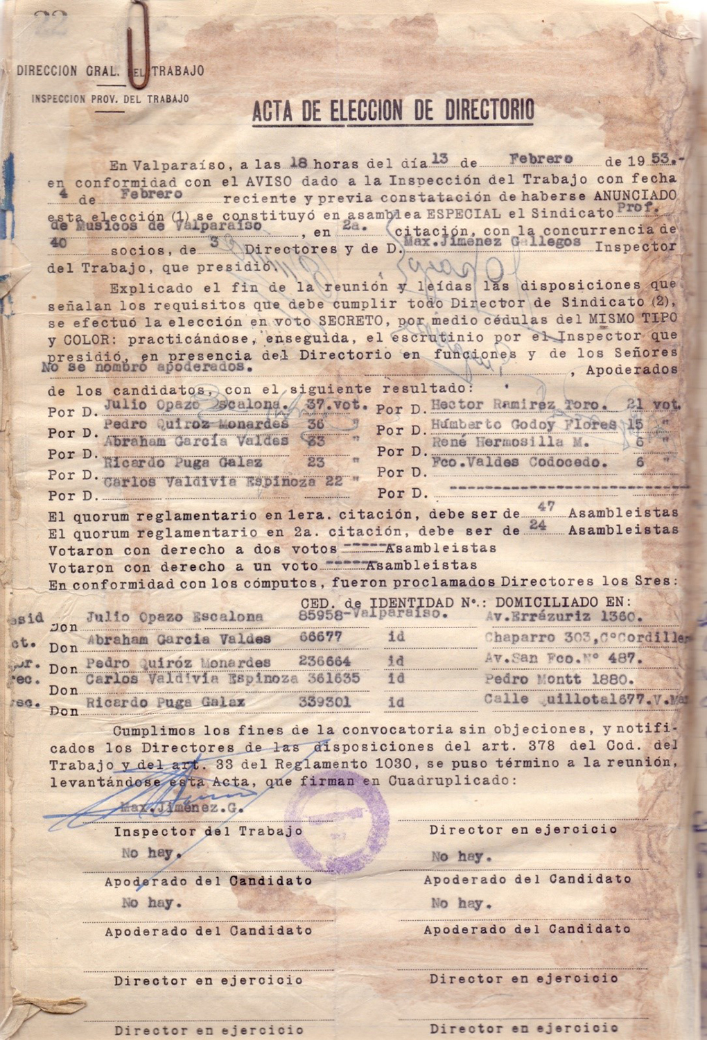 Acta de elección de Directorio Sindicato Profesional de Valparaíso 1953