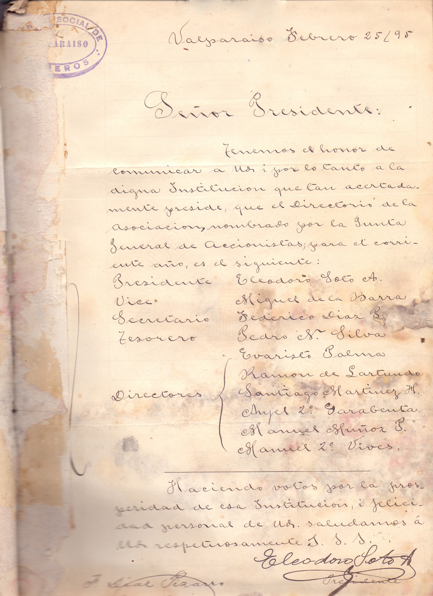Carta del Centro Social de Obreros de Valparaíso a la SMSMV- 25 febrero 1895