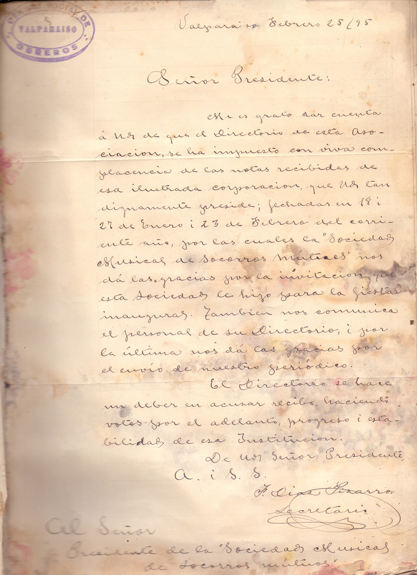 Carta del Centro Social de Obreros de Valparaíso a la SMSM – 25 febrero 1895