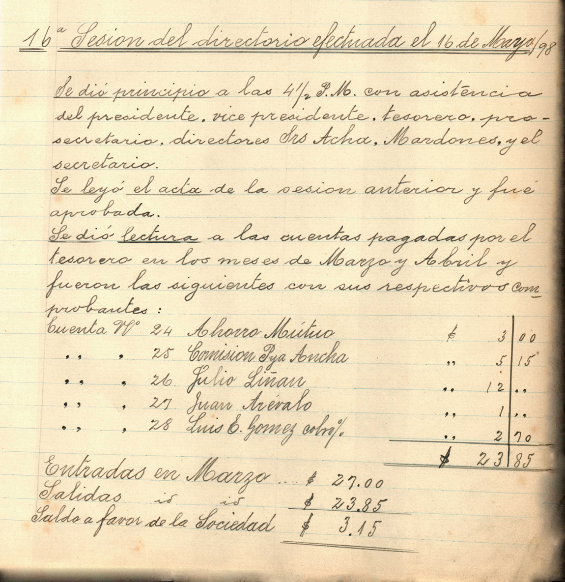 Sesión Directorio – 16 de mayo de 1898