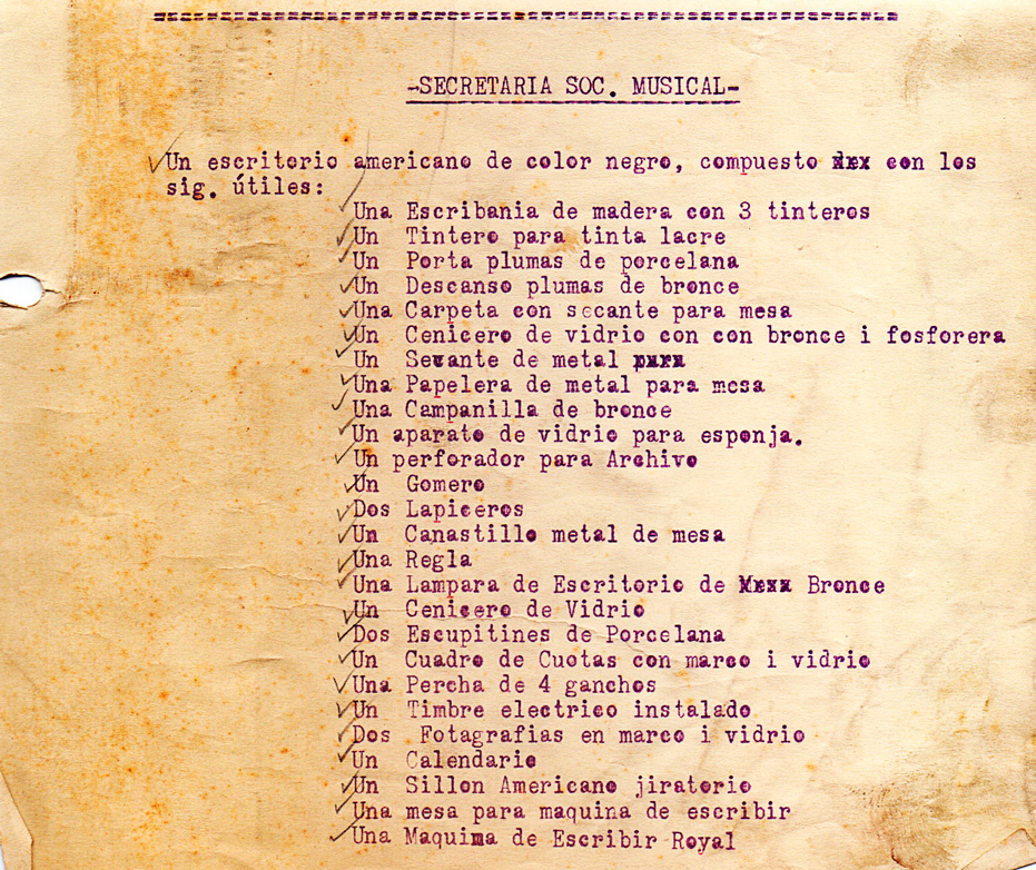 Inventario Sociedad Musical – 1 de marzo de 1928