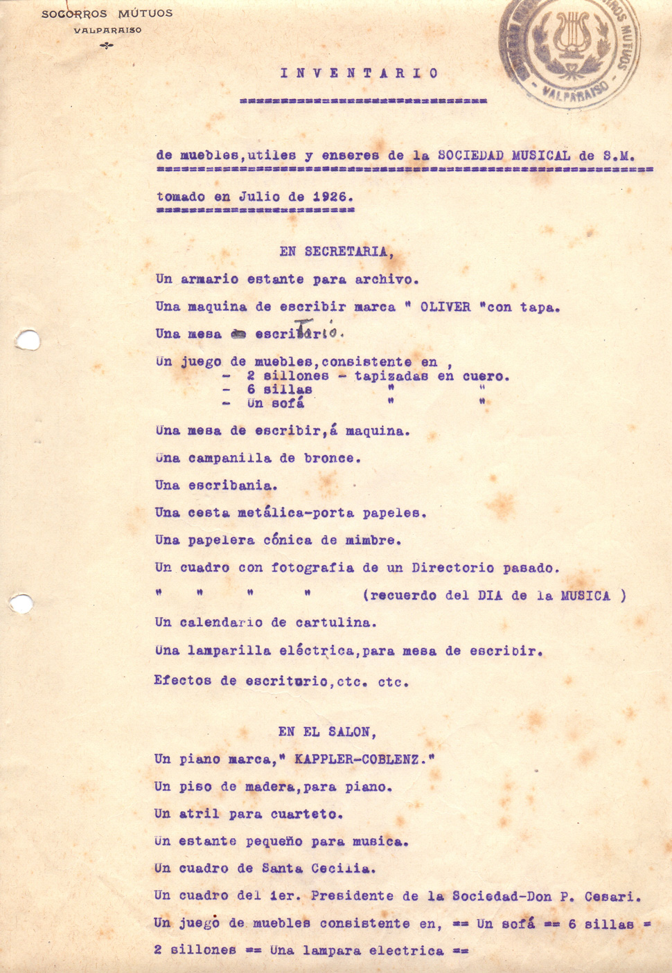 Inventario – Julio de 1926