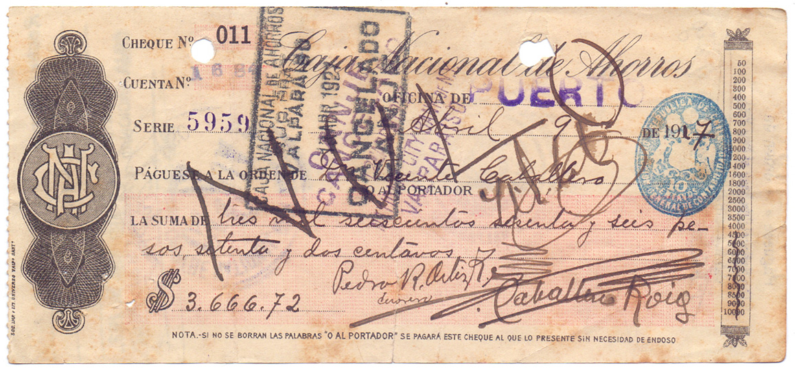 Cheque N° 11, Caja Nacional de Ahorros, 9 de abril de 1917