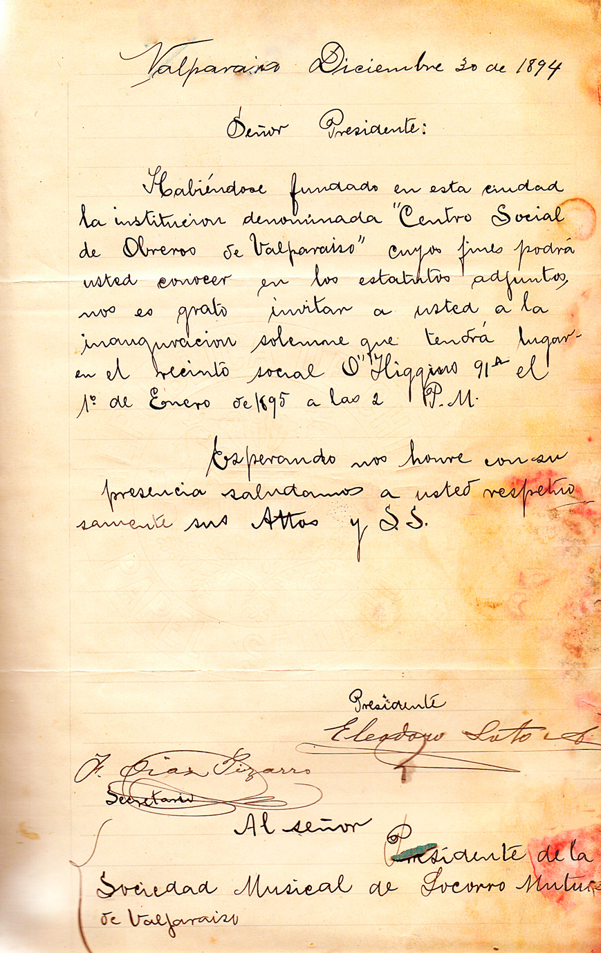 Centro Social de Obreros de Valparaíso- 30 diciembre 1894