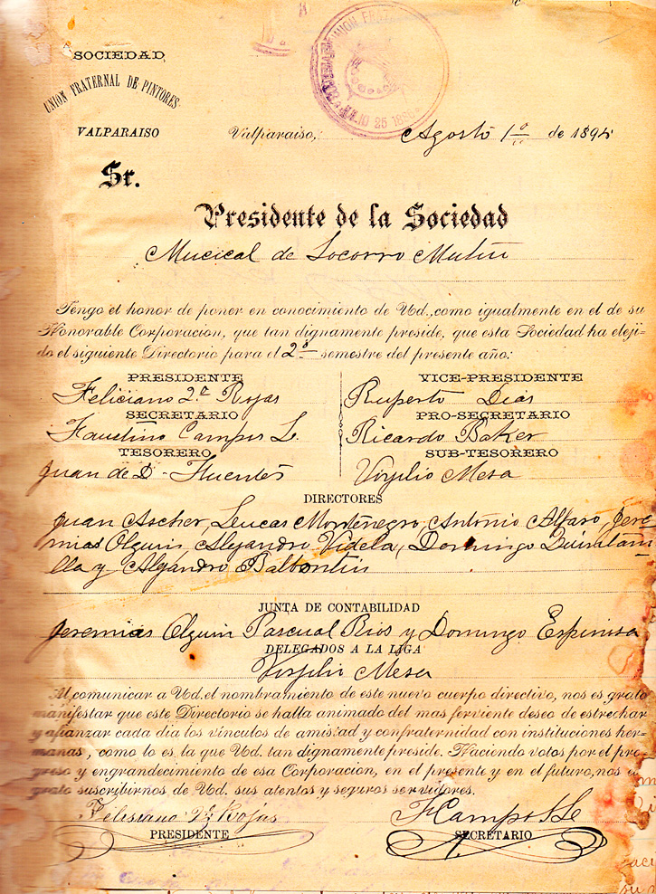 Carta Unión Fraternal de Pintores de Valparaíso a la SMSMV- 1 agosto 1894