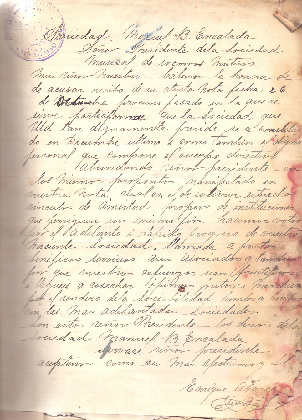 Carta de la Sociedad Manuel Blanco Encalada a la SMSM de Valparaíso – noviembre 1894