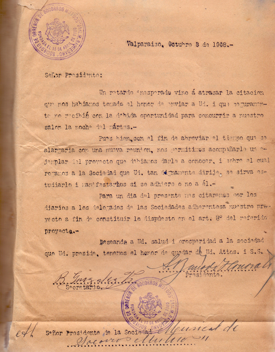 Sociedad de Obreros de SM G.M. Baquedano a la SMSMV- 8 octubre 1908