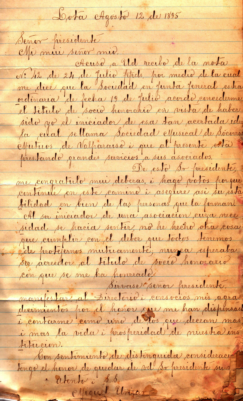 Carta de socio Honorario Miguel Urizar al Presidente de la SMSMV – 12 agosto 1895, Lota