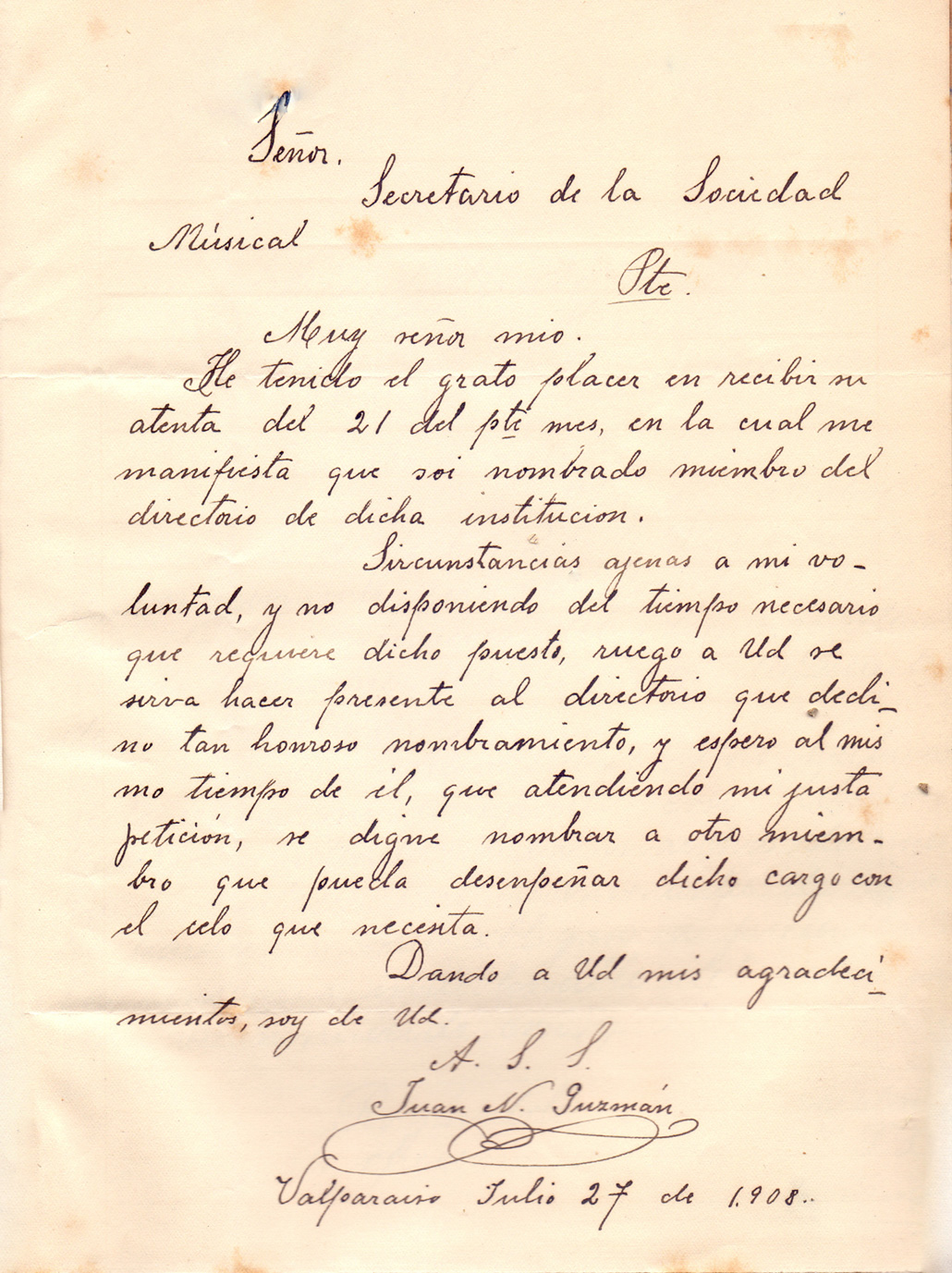 Carta de socio Juan N. Guzmán al Secretario de la SMSMV- 27 julio 1908