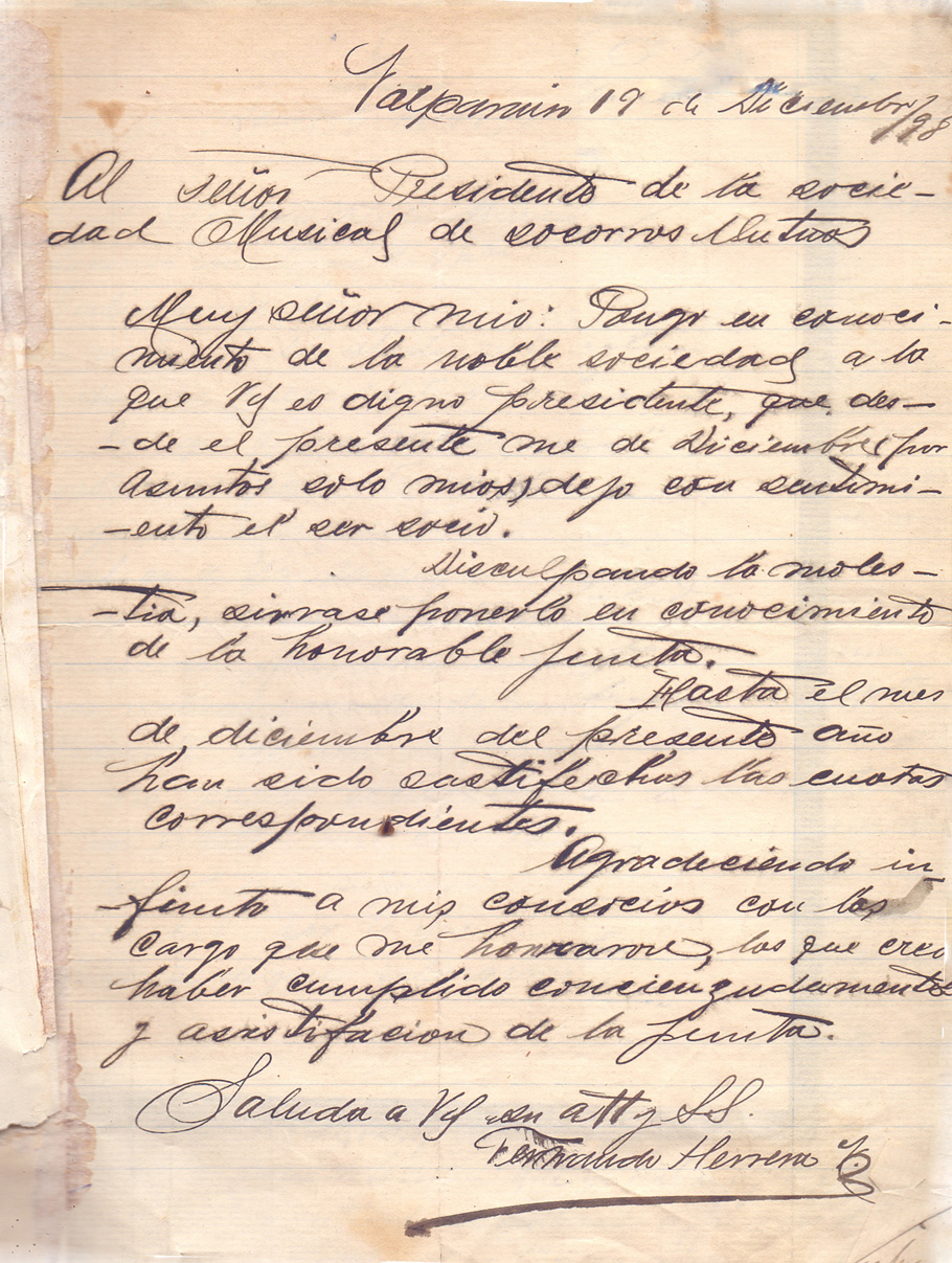 Carta de socio F. Herrero a Presidente SMSMV – 19 diciembre 1898
