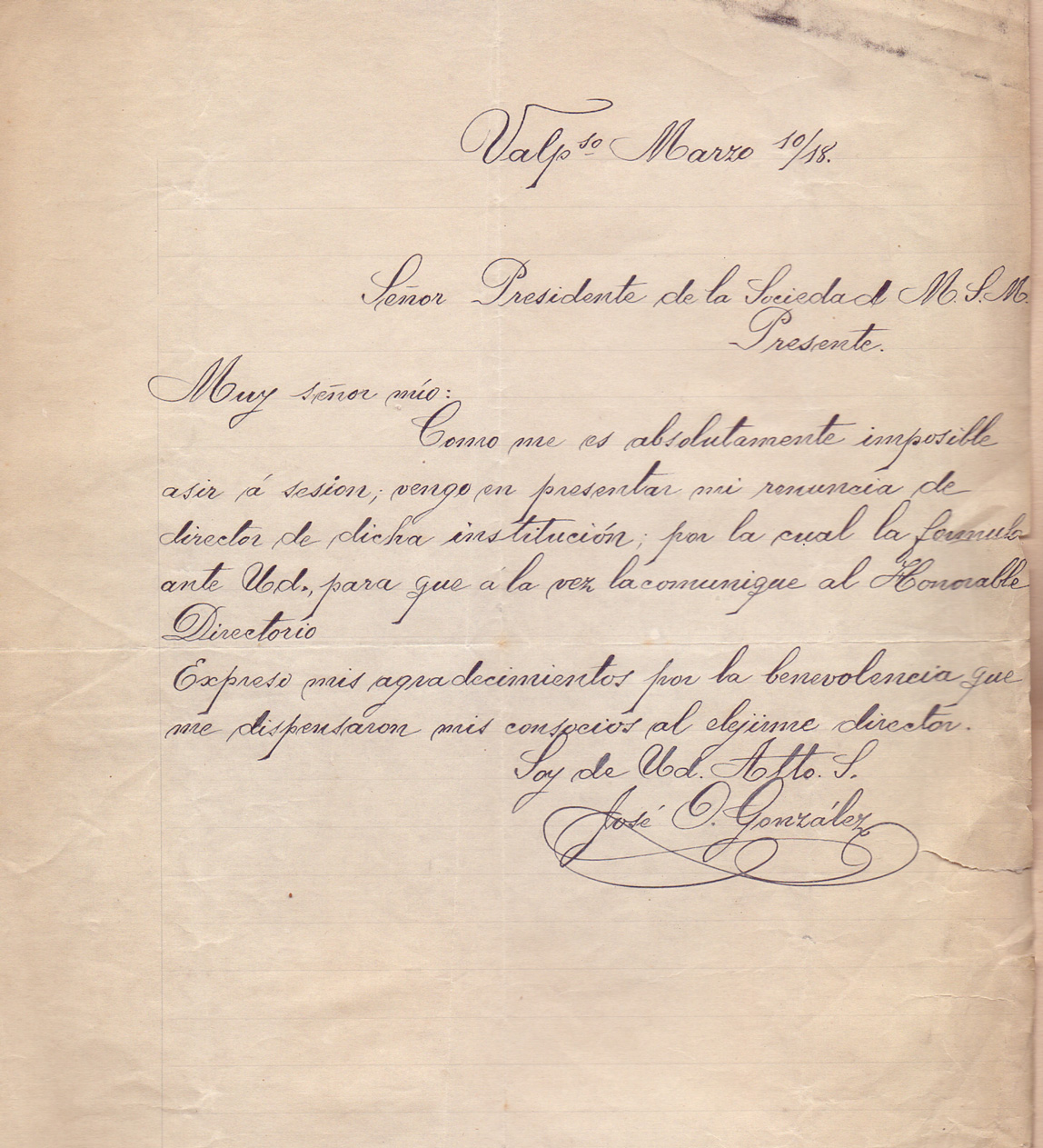 Carta de socio José O. González a la SMSMV – 10 marzo 1918