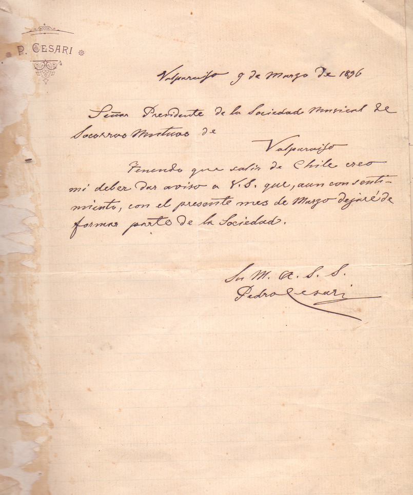 Carta de Pedro Cesari a la SMSMV – 9 marzo 1896