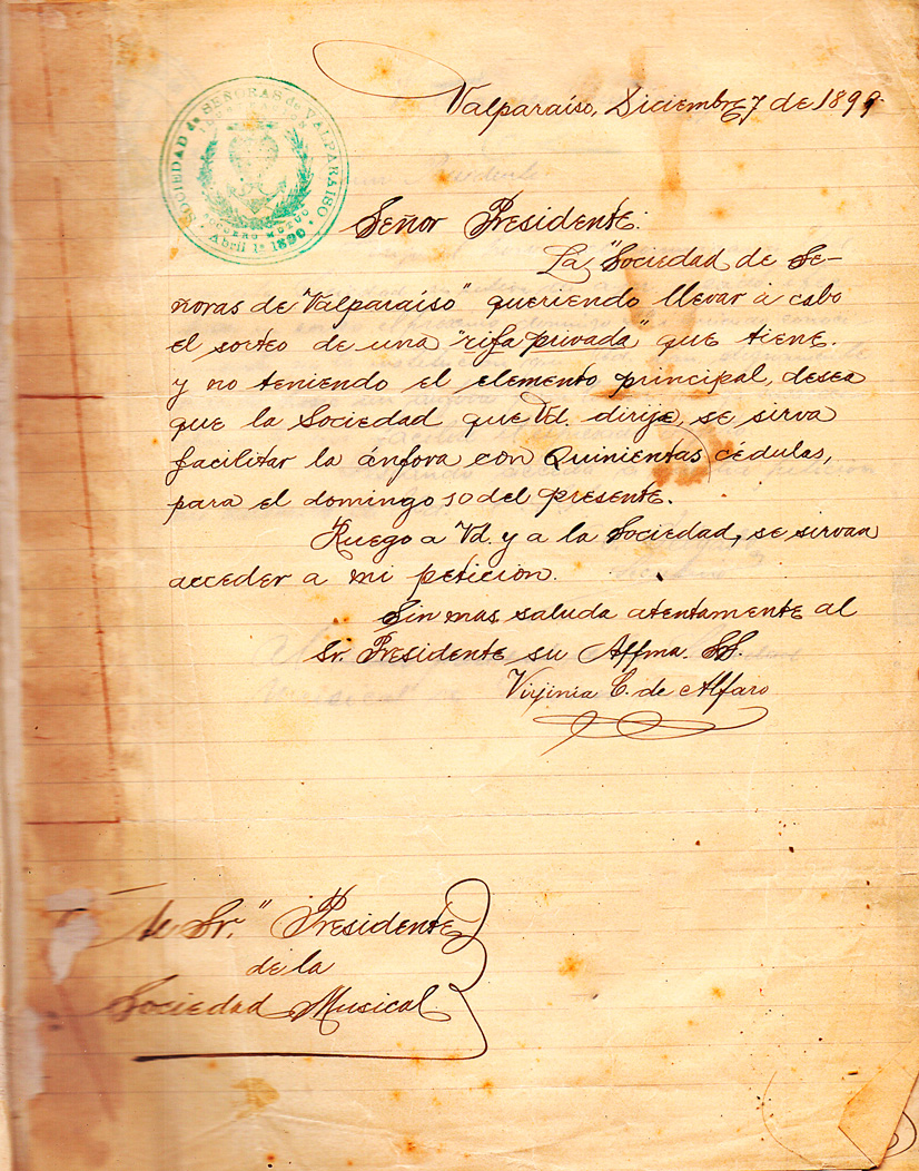 Carta Sociedad de Señoras de Valparaíso a la SMSMV- 7 diciembre 1899