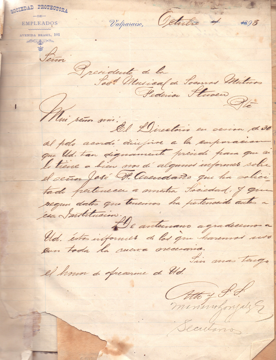 Carta de la Sociedad Protectora de Empleados a la SMSMV -1 octubre 1898