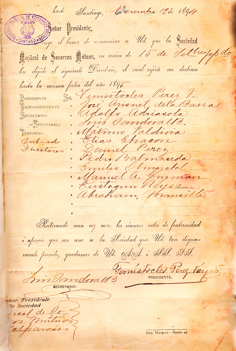 Carta de la Sociedad Musical de Socorros Mutuos de Santiago a la SMSMV- 12 noviembre 1894