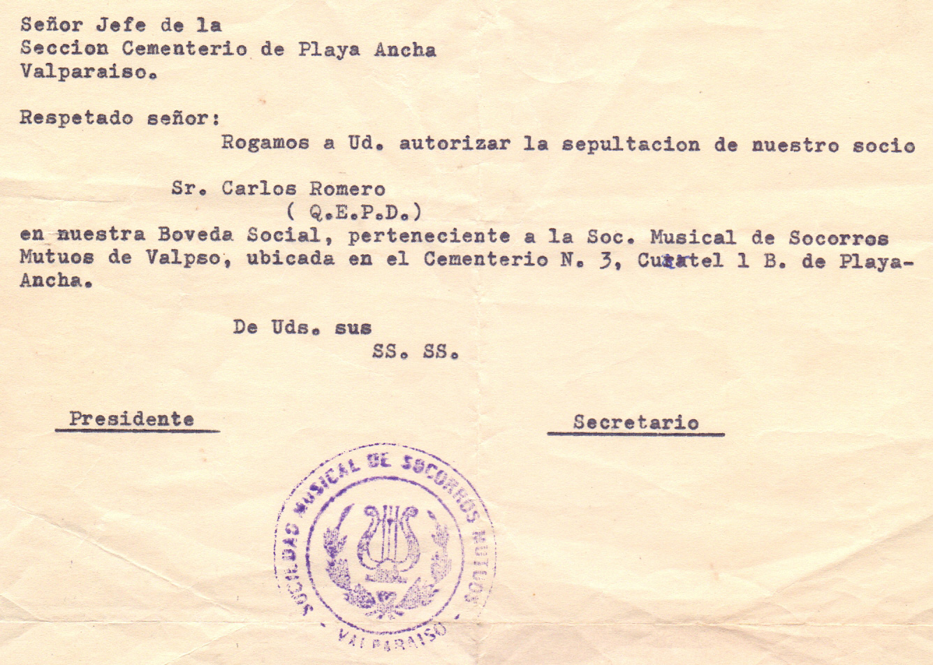 Carta de la SMSMV al Cementerio Playa Ancha – S/F