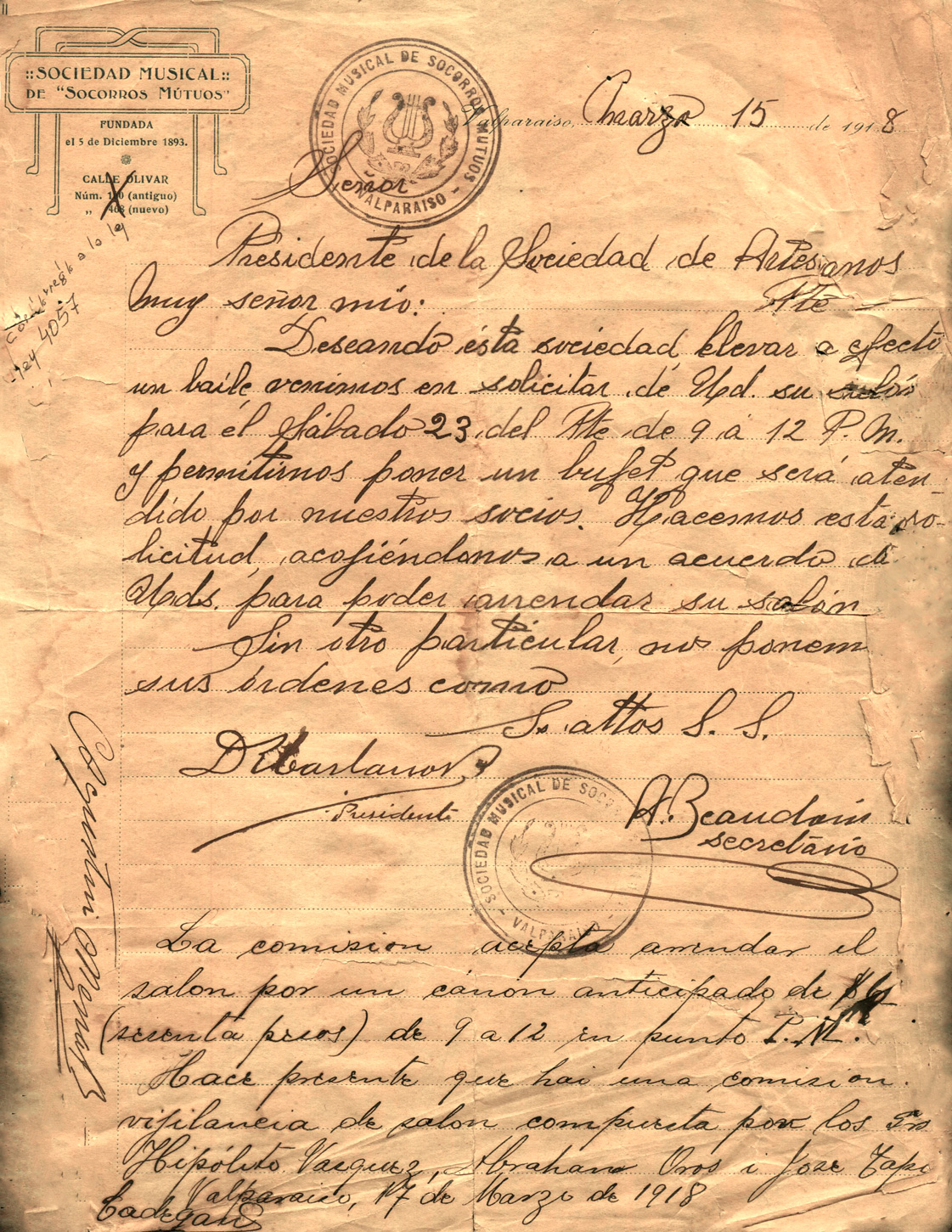 Carta de la SMSMV a la Sociedad de Artesanos-15 marzo 1918